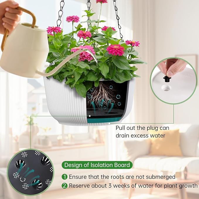 Set of 2 White Hanging Planters for Outdoor Indoor Plants, 8 Inch Self-Watering Hanging Plant Pots with Drainage Hole & Plug (Hooks)