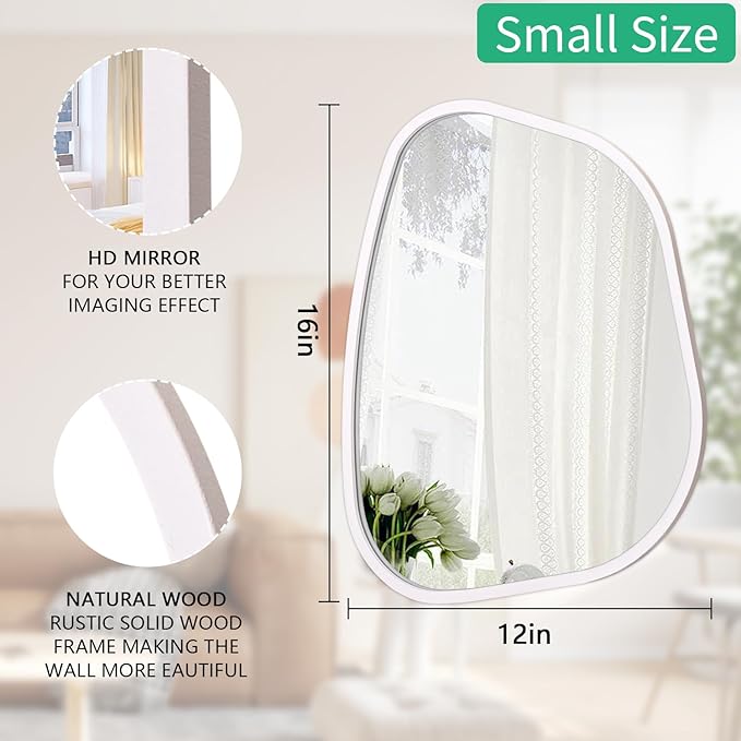 Irregular Wall Mirror Asymmetrical White Mirror Modern Wood Frame Unique Shape Wall Mounted Vanity Artistic Mirror Decor for Living Room Bedroom Bathroom Entryway Hallway Large 16"x12"