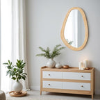 Rattan Mirror for Wall,30.5'' x 19.5" Wooden Framed Farmhouse Boho Wicker Coastal Irregular Vanity Mirror for Bathroom Living Room Entryway