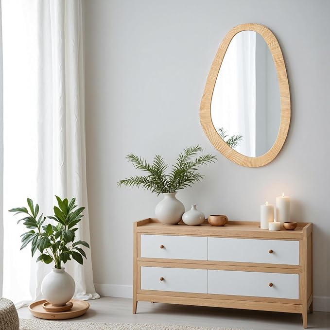 Rattan Mirror for Wall,30.5'' x 19.5" Wooden Framed Farmhouse Boho Wicker Coastal Irregular Vanity Mirror for Bathroom Living Room Entryway