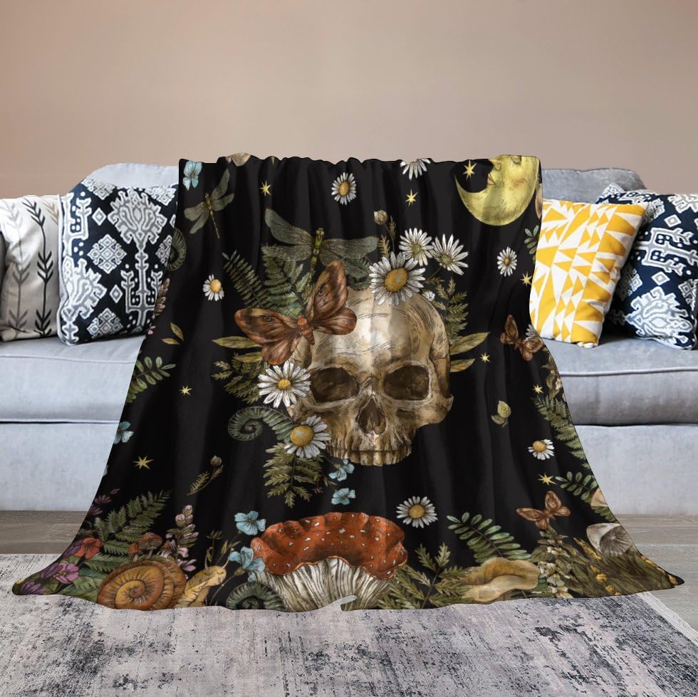 Skull Mushroom Blanket,Vintage Rustic Old Nature Plant Mushroom Flower Leaf Moon Print Blanket for Couch Sofa Bed Decorative Gifts 30x40 - color: Blanket-20, size: 30"x40"