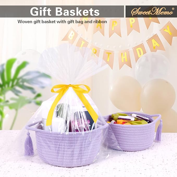 Small Purple Gift Basket Empty to Fill - SweetMemo Cute Woven Rope Organizer Baskets for Baby Shower, Vanity, Makeup, Bathroom, Decoration, Girls Room - Mini Cotton Storage Bins - 2 Pack