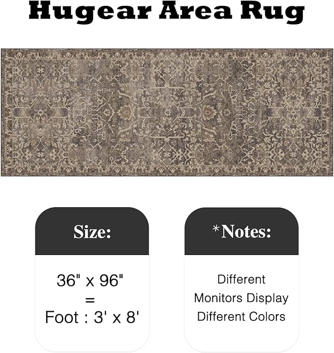 HUGEAR 3x8 Runner Rug Hallway Retro Brown Machine Washable Vintage Floral Low Pile Carpet Vacuumable Distressed Long Throw Rug Bedroom Office Bathroom Kitchen Laundry Non Slip Soft Lightweight