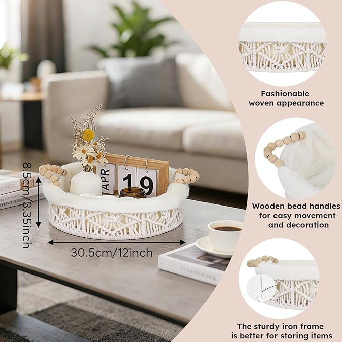 Plush Lined Storage Basket for Organizing with Handles, Boho Round Woven White Small Basket Decorative Storage Organizer for Shelves Dresser Entryway Countertop Decor