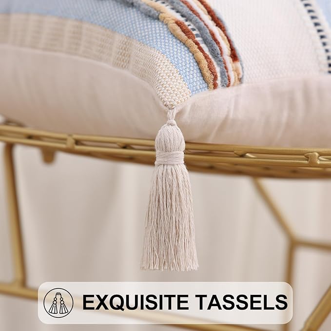 Simmore Boho Decorative Throw Pillow Covers 12x20 Set of 2, Tufted Farmhouse Pillow Covers with Tassels for Cozy Bohemian Couch Sofa Bedroom Home Decor, Blue