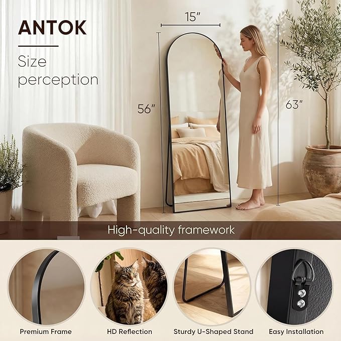 Antok 56" x15” Arched Full Length Floor Mirror, Black Aluminum Frame, Free Standing/Wall Mount/Leaning for Bedroom, Living Room, Dressing Room