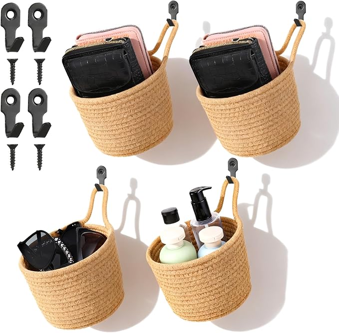 4 Pcs Jute Wall Hanging Baskets, Cotton Woven Storage Organizer for Flower Plants Towels Keys, Boho Farmhouse Decor, 4.9x6.4x7.4 Inches