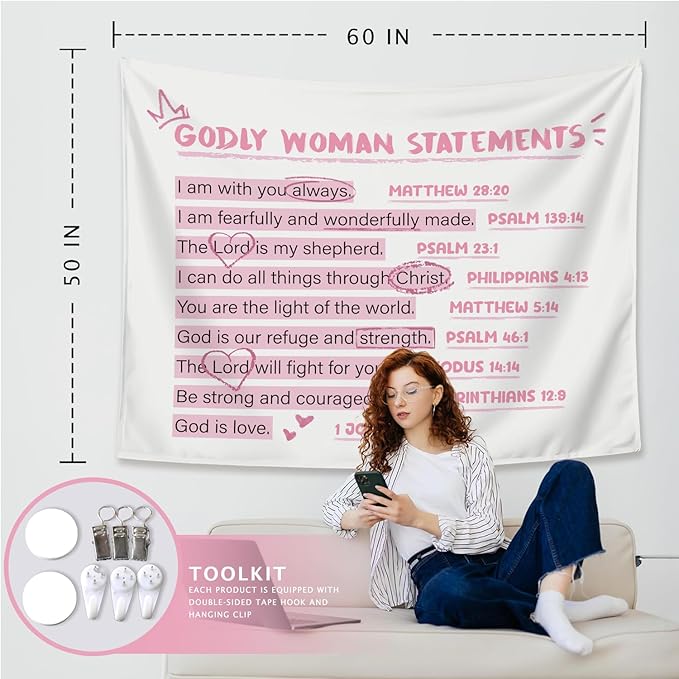 LIANGW Cute Pink Christian Tapestry Aesthetic for Bedroom, Coquette Preppy Room Decor for Teen Girls & Women, Dorm Decor for College Girls, Bible Verses Tapestries Wall Hanging 50x60 inche