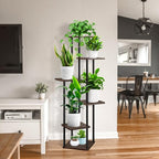 6 Tier Plant Stand Indoor, Thickened Metal Wood Corner Plant Shelf Stands for Multiple Plants, Indoor Tall Plants Stand Tiered Flower Holder for Living Room Patio Garden Balcony(Black+Oak)