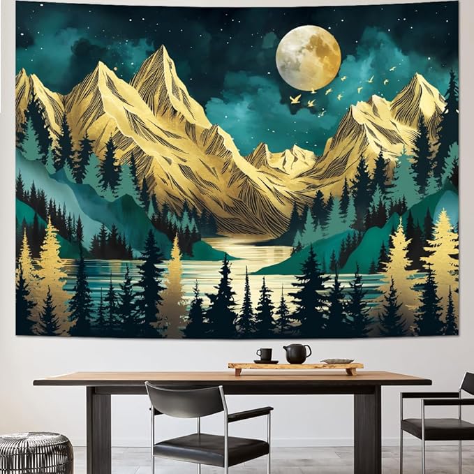 Dermijer Mountain Forest Tree Moon Stars Nature Landscape Wall Hanging Vintage Aesthetic Magic River Wall Tapestry for Bedroom Living Room W78.7×H59.1