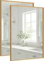 2-Pack 22"x30" Brushed Gold Bathroom Mirror, Modern Brass Deep-Set Metal Frame, Heavy-Duty Rectangular Vanity Mirror, Chic Bedroom & Powder Room Decor