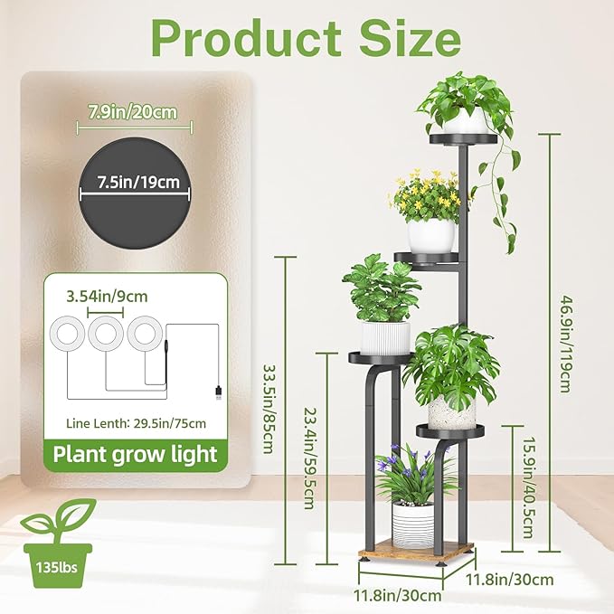 iDavosic.ly Tall Plant Stand Indoor with Grow Light, 4 Tier Corner Multiple Flower Holder Shelf with Metal Trays, Space Saving Display Rack for Living Room Balcony Patio Porch | Black & Brown