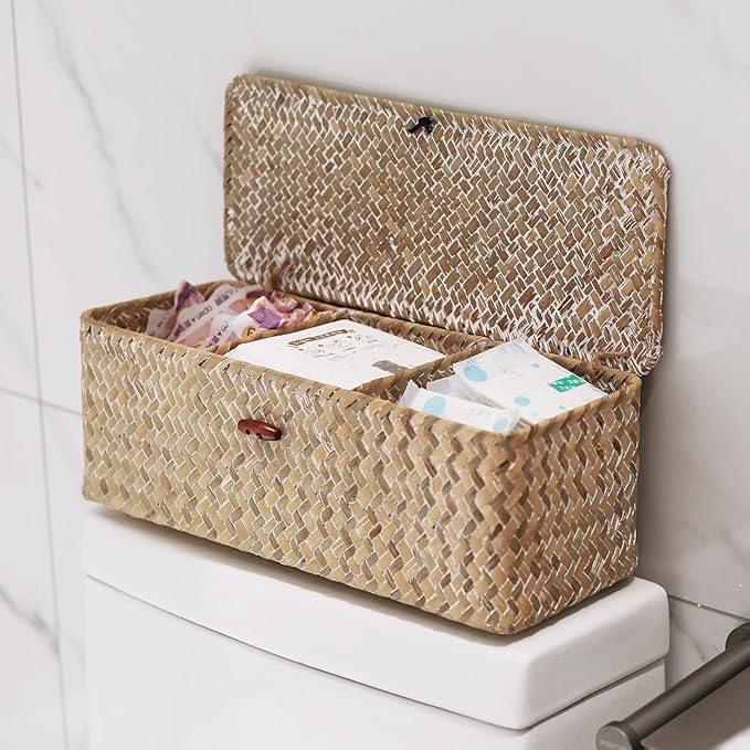 Seagrass Storage Basket for Bathroom - Wicker Toilet Tank Basket with Lid - Woven Storage Box for Organizing (Whitewash, 13" x 5" x 4.3")