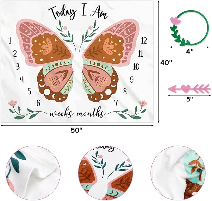 Boho Baby Blanket Butterfly Monthly Milestone Bohemian Floral Girl Photo Prop Sage Green and Pink Blanket Ideas for Personalized Baby Stuff Shower Newborn Decorations Nursery Gift Decor Mom