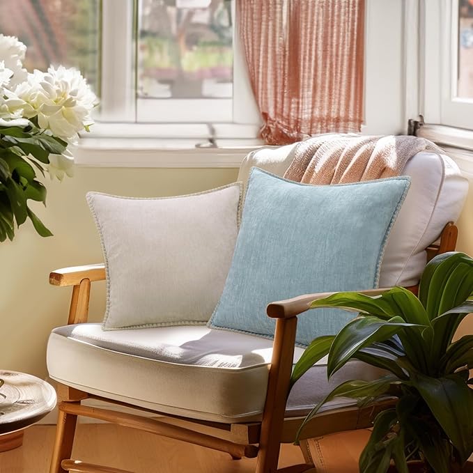 decorUhome Summer Chenille Soft Cozy Throw Pillow Covers 24x24 Set of 2, Modern Farmhouse Boho Velvet Decorative Euro Sham Pillow Cases with Stitched Edge for Couch Sofa Bed Home Decor, Aqua Haze