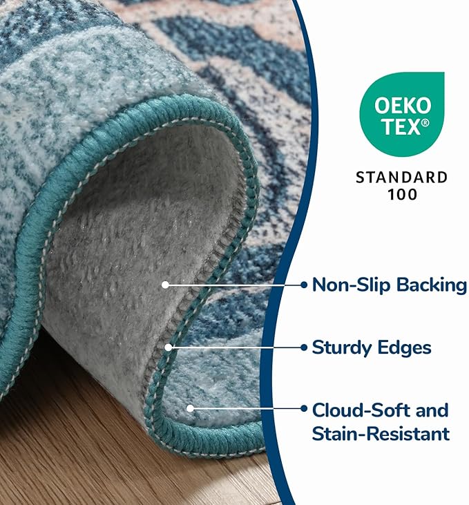 Lessymo Area Rug 5x7, Machine Washable Area Rugs, Super Soft Faux-Wool Area Rugs for Living Room Bedroom Kitchen, Boho Vintage Floral, Non-Slip Low Pile, Kid & Pet Friendly, Dark Green