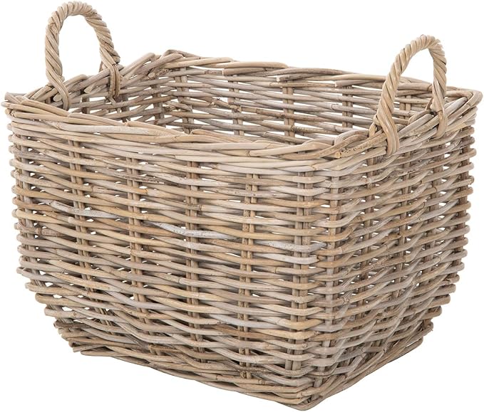 Kouboo Rectangular Wicker Basket Handwoven Rattan Basket with Handles Decorative Storage Large Home Organizer Gray-Brown
