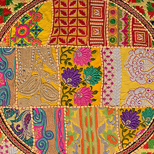 Rajasthani Handmade Colorful Decorative Floor Pillow Cover Meditation Patchwork Patchwork Cushion Seating Accent Boho Chic Indian Handmade Cover ONLY (Yellow, 32X32 Inches) - color: Yellow