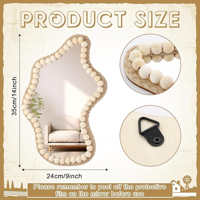Boho Wall Decor Mirror 14"x9" Irregular Wall Mirror Small Farmhouse Rustic Decorative Wooden Bead Hanging Mirrors for Bedroom Living Room Vanity Entryway Over Sink Modern Home Decor