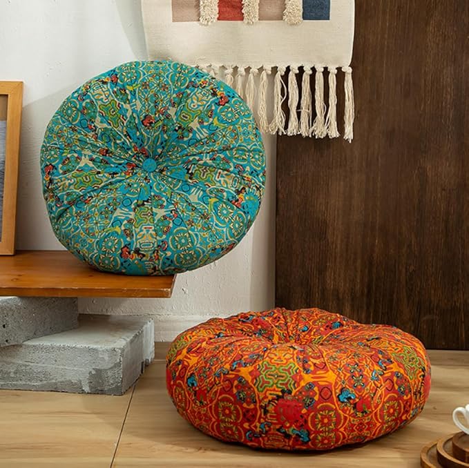 Round Bohemian Floor Pillow, Meditation Floor Seat Cushion, Large Soft Cotton Linen Pillows for Yoga Living Room Balcony Outdoor Tatami, 22x22 Inches (Round Orange)