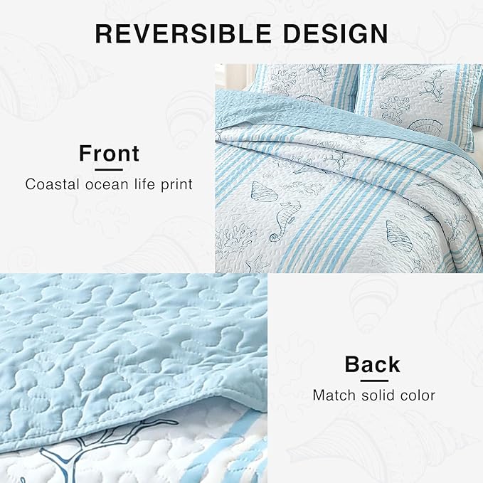 HORIMOTE HOME Coastal Quilt Bedding Set King Size, Striped Blue Summer Beach Quilt Lightweight Ocean Nautical Comforter Tropical Bedspread Coverlet with 2 Pillow Shams for All Seasons (106"x96")