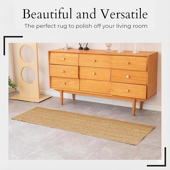 Jute Rug 2x6 Natural Runner Rug with Non-Slip Backing, Low-Profile Farmhouse Hallway Runner, Kithen Rug or Entryway Mat, Eco-Friendly 2x6 Runner for Boho Decor