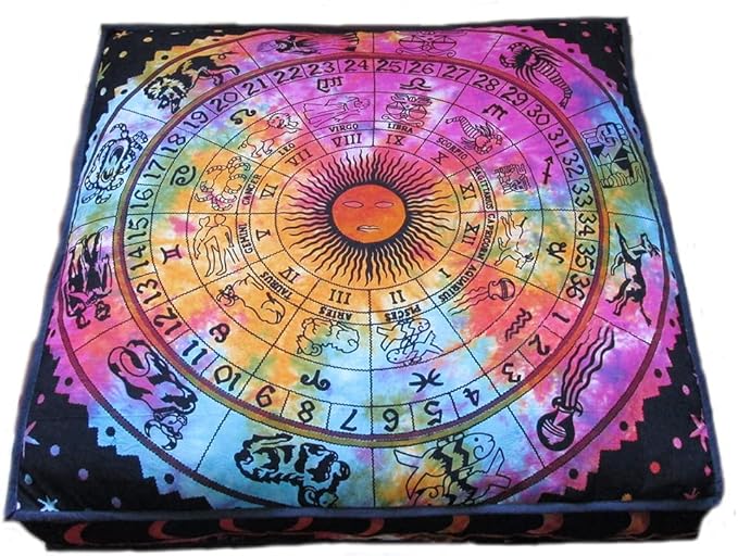 ICC Large Square Floor Pillow Cover Hippie Ottoman Pouf Cover Daybed Cotton Mandala Cushion Cover with Heavy Duty Zipper Seating Ottoman Poufs Dog-Pets Bed (Yellow Elephant Tree, 35" Square)