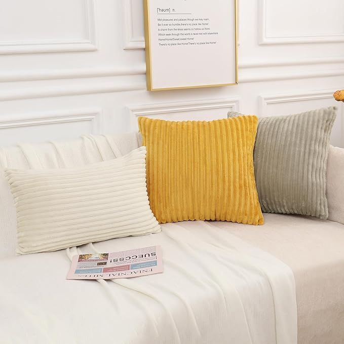 Simmore Decorative Spring Throw Pillow Covers 12x20 Set of 2, Soft Natural Plush Flannel Double-Sided Fluffy Lumbar Pillow Covers for Couch Sofa Living Room, Beige