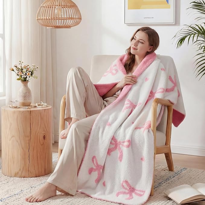 WRENSONGE Throw Blanket Bubble Bowknot Pink Soft Cozy Fluffy Warm Throw for Couch Sofa Bed Camping Picnic Travel Lightweight - 50"*60"