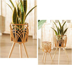Rattan Indoor Plant Stand Straw Woven Flowers Pot Holder Stool With Legs Floor Planter Baskets Rack Wooden Plant Shelf