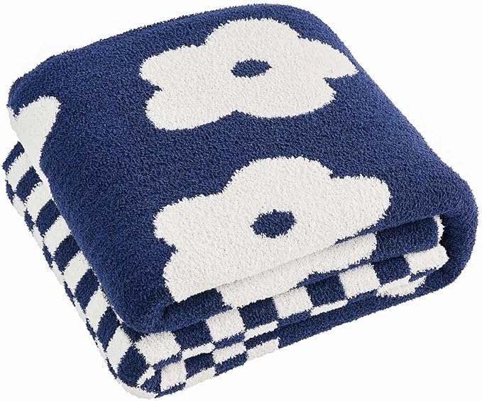 Checkered Throw Blanket, Navy Blue Flower Blanket for Couch, 50"x60" Soft Plaid Knit Blanket for Home Decor, Reversible Checkerered Blankets for Sofa, Chair, Bed
