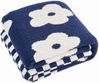 Checkered Throw Blanket, Navy Blue Flower Blanket for Couch, 50"x60" Soft Plaid Knit Blanket for Home Decor, Reversible Checkerered Blankets for Sofa, Chair, Bed