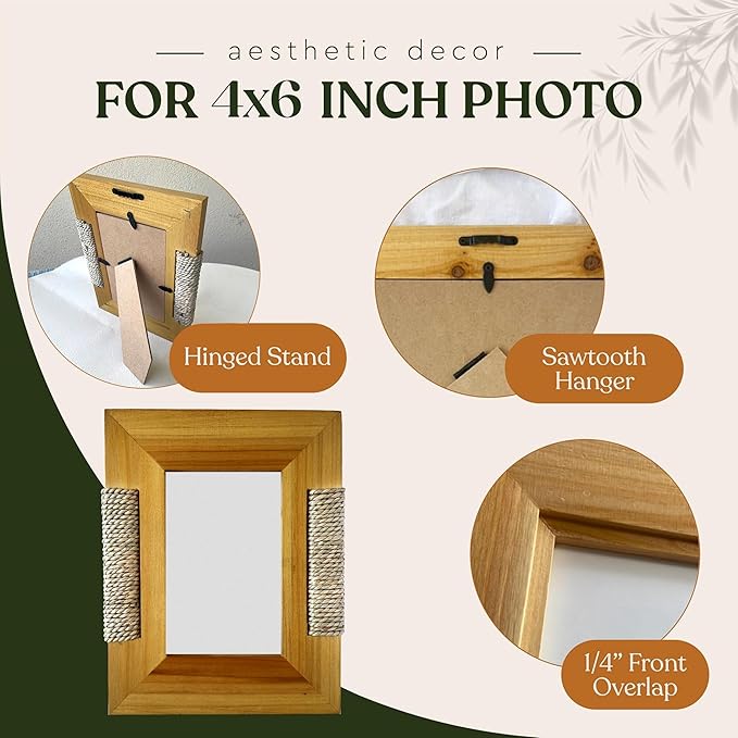Boho Wooden Picture Frame with Wicker Accent | For 4x6 Photo or Artwork | 7x9 Inch Outer Edge | Bohemian, Coastal or Biophilic Style, Wall & Tabletop Decor Picture Frame, All Natural Wood & Seagrass | Golden Brown