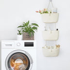 TeoKJ 3-Tier Hanging Baskets for Storage with Pearl Button Strap, Over The Door Storage Baskets for Bathroom, Bedroom, Closet, Door Storage Organizer for Decoration, White