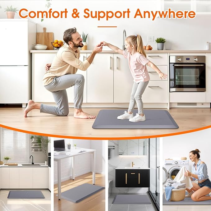 Kitchen Mat, Cushioned Thick Floor Comfort Mat, with Non-Slip Bottom, Waterproof & Stain Resistant & Easy Clean, Standing Desk Mat for Kitchen, Sink, Office (17.3''x39'', Grey)