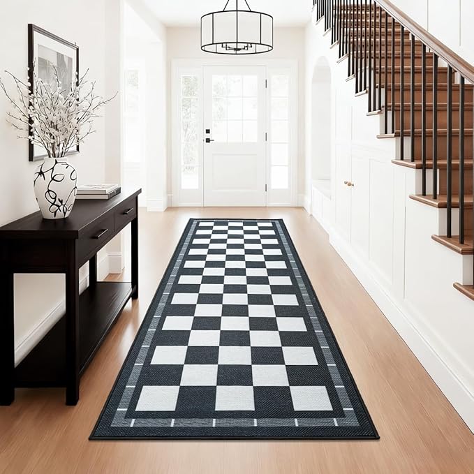 Vasofe Jute Checkered Runner Rug, 2x6 Black and White Washable Rugs, Modern Runners for Hallway Non-Slip Kitchen Mat, Farmhouse Checkerboard Indoor Outdoor Carpet for Porch Laundry Entryway