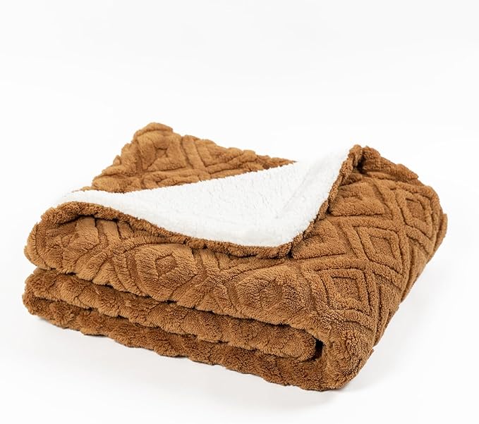 EverGrace Jacquard Boho Sherpa Fleece Throw Blanket for Couch, Super Soft Cozy Fuzzy Plush Blankets for All Seasons, Reversible Thick Warm Blanket for Bed, Sofa, Living Room, Burnt Orange, 50" x 60"