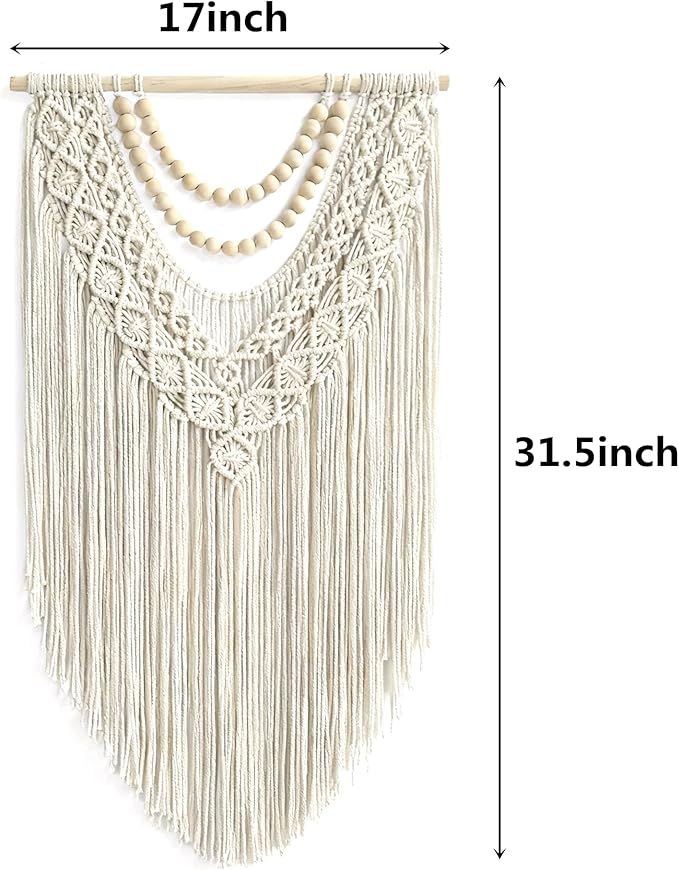 guzhiou Macrame Wall Hanging Boho Geometric Woven Tapestry Cotton Handmade Bohemian Art Decor with Wood Bead Wall Decor for Bedroom Living Room Apartment Nursery 31.5" L x 17" W (Wood bead-B)