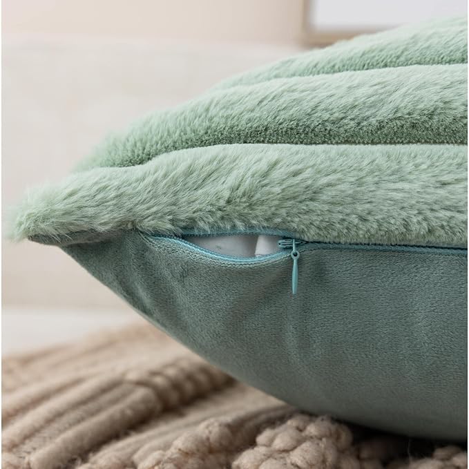 ZLINA Set of 2 Light Green Faux Fur Decorative Throw Pillow Covers Fluffy Striped Pillowcase Cushion Covers 26 x26 Inch Decor Sofa Couch Bedroom