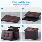Storage Ottoman Foot Rest Stool, Small Leather Storage Ottomans Bench, Folding Footstool with Side Pockets, Foot Rest Under Desk for Living Room Bedroom, 16x12x12 in, Brown 2 Pack
