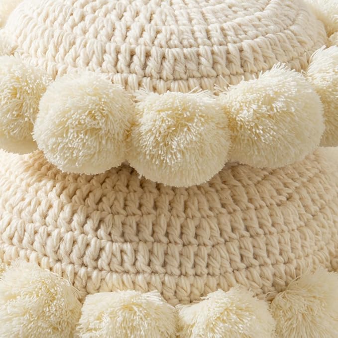 Boho Round Throw Pillow Accent Pillows for Bed Circle Pillow Covers with Insert Decorative Chunky Knit Pillow Cute Pom Sun Flower Funky Unique Decor Couch Bedroom Living Room Nursery 14x14