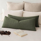 Foindtower Set of 2 Decorative Linen Check Throw Pillow Covers Neutral Long Body Lumbar Cushion Covers Farmhouse Vintage Boho Home Decor For Sofa Chair Couch Bedroom Living Room,14×36 Inch,Olive Green