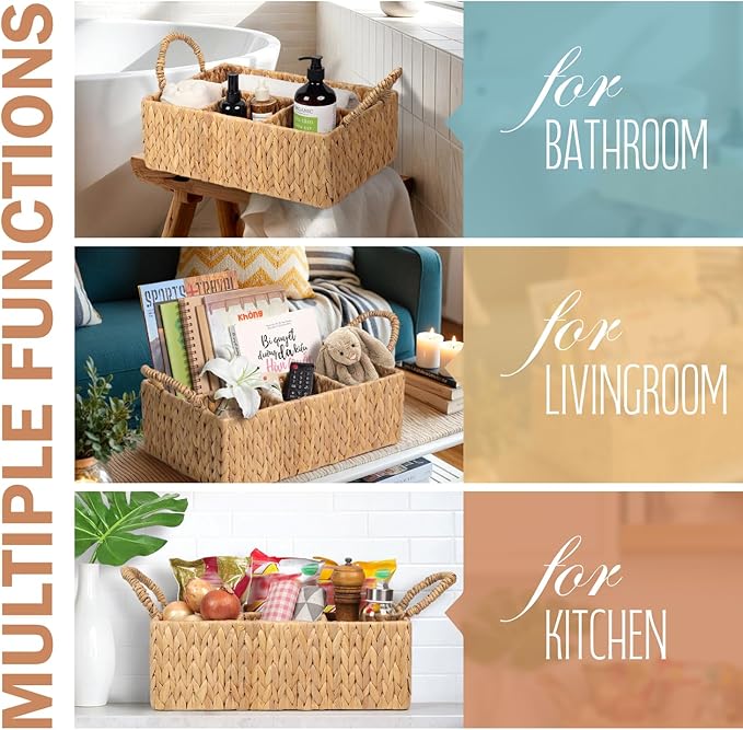 Divided Hyacinth Baskets with Handles, Storage Basket Natural for Organizing Bathroom Kitchen Shelves Office Supplies Organization, Wicker Storage Baskets 4 Section Rectangular Tray