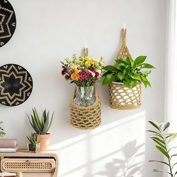 Macrame Wall Plant Hanger, Hanging Planter Basket Holder, Wall Planters for Indoor Plants, for Up to 6 Inch Pot (Brown, 6-Inch)
