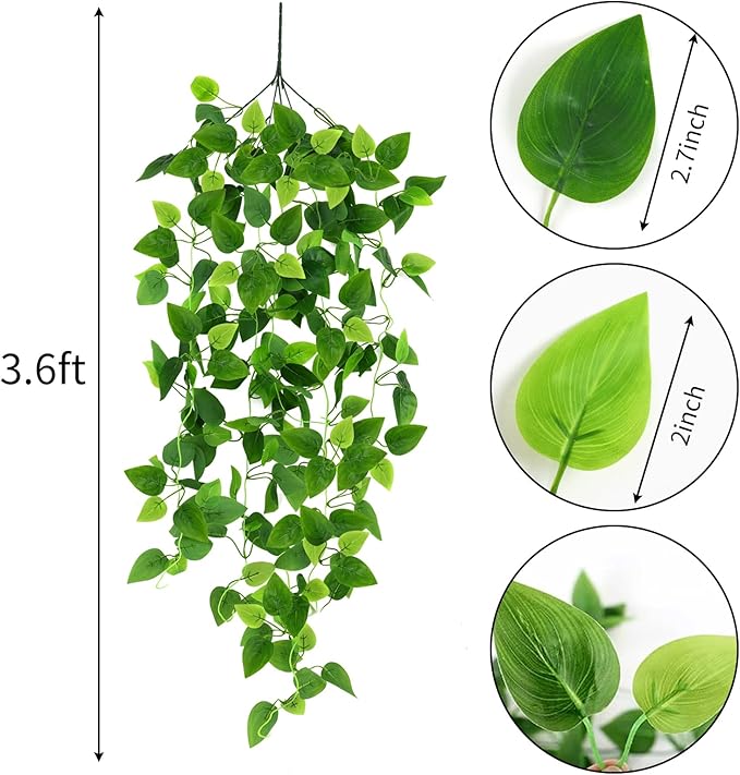 CEWOR 2pcs Fake Hanging Plants for Room Decor, 3.6ft Artificial Ivy Pothos Vine for Wall Living Room Patio Indoor Outdoor Home Shelf Office Decor (No Baskets)