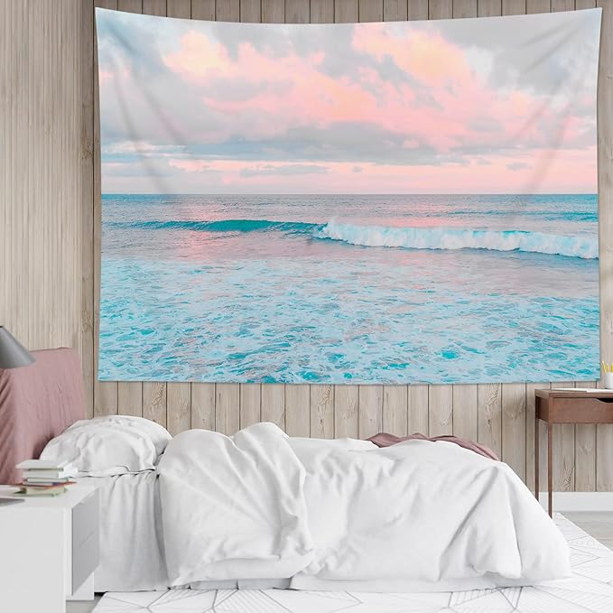 LB Ocean Pink Sky Tapestry, Teal Sea Ocean with Pink Cloud Wall Tapestry for Bedroom, Pastel Nature Landscape Wall Hanging Tapestry Wall Art for Living Room Home Decor, 60 x 40 Inches