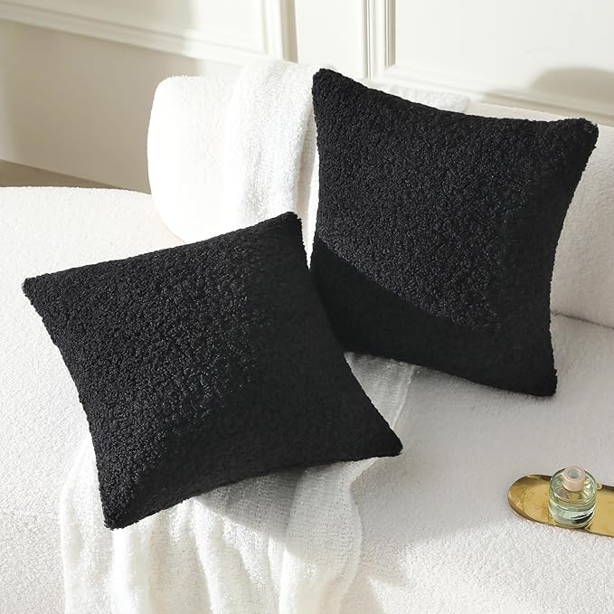 FUTEI Black Throw Pillow Covers 16x16 Inch Set of 2,Furry Faux Fur Teddy Boucle Textured Cushion Covers,Soft Fluffy Decorative Pillow Case,Home Decor for Couch Bed Living Room Office Car