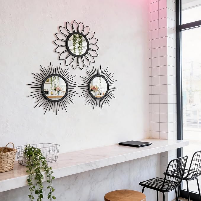 Set of 3 Black Metal Sunburst Wall Mirrors - 12" Round Decorative Art for Living Room Bedroom Bathroom Entryway, No Assembly Required, Rust Resistant Design