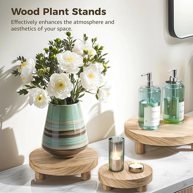 3 Pcs Wood Plant Stands, Wooden Pedestal Stands, Round Wood Display Risers, Modern Decorative Planter Holders, Flower Pot Display Trays, 6", 8", 10", Ideal for Home Decor