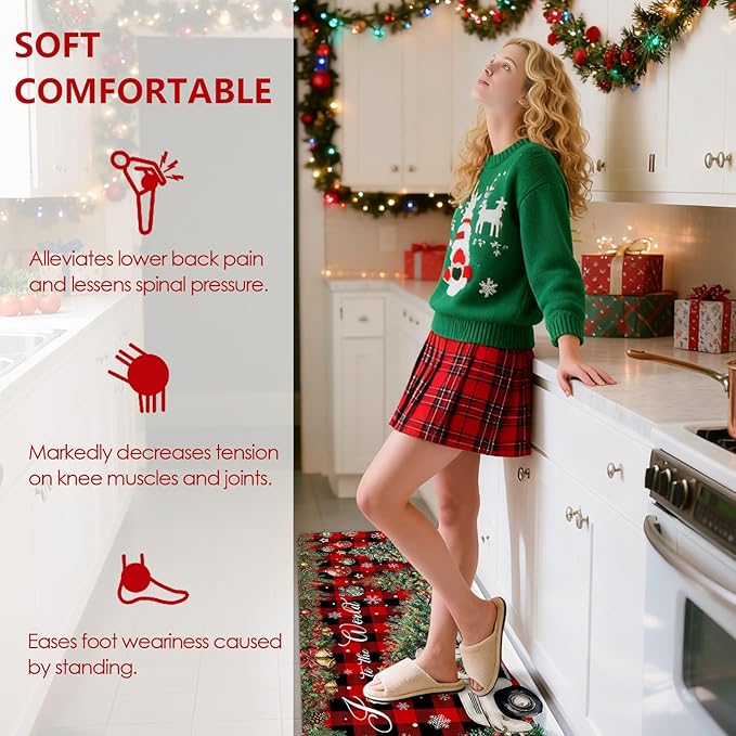 Christmas Rugs for Kitchen Floor, Red Buffalo Plaid Christmas Truck Mats for Kitchen Floor Rubber Non Slip, 2PCS Farmhouse XmasTree Kitchen Mat Cushioned for Room Doorway 15.7"×27.5" +15.7"×47"